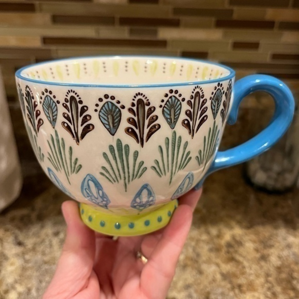 Pier 1 Imports Blue Peacock Hand Painted Stoneware Mug
